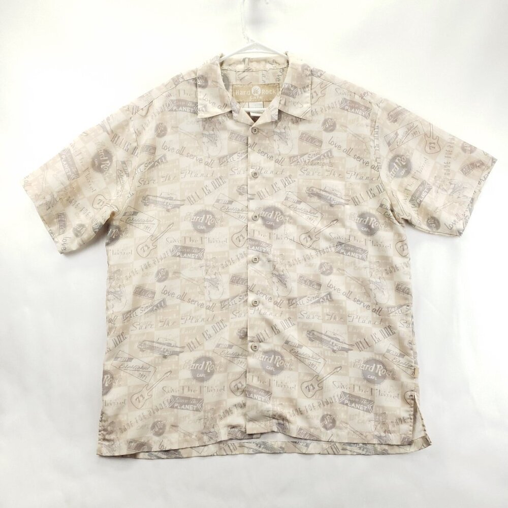 Hard Rock Cafe Shirt Mens Large Beige Save The Planet 100% Polyester Button-Up